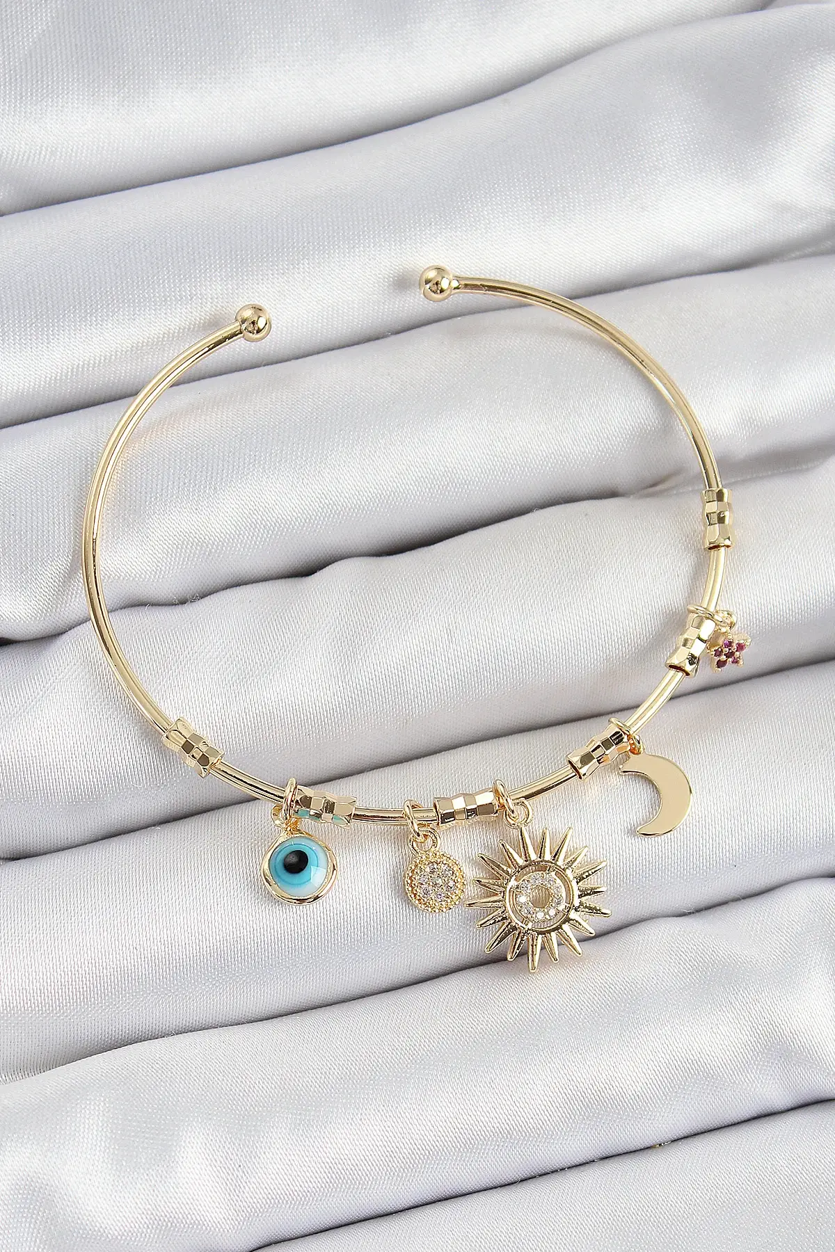 Pirinç Zirkon Taşlı Güneş Ay Nazar Model Gold Renk Charm Bileklik