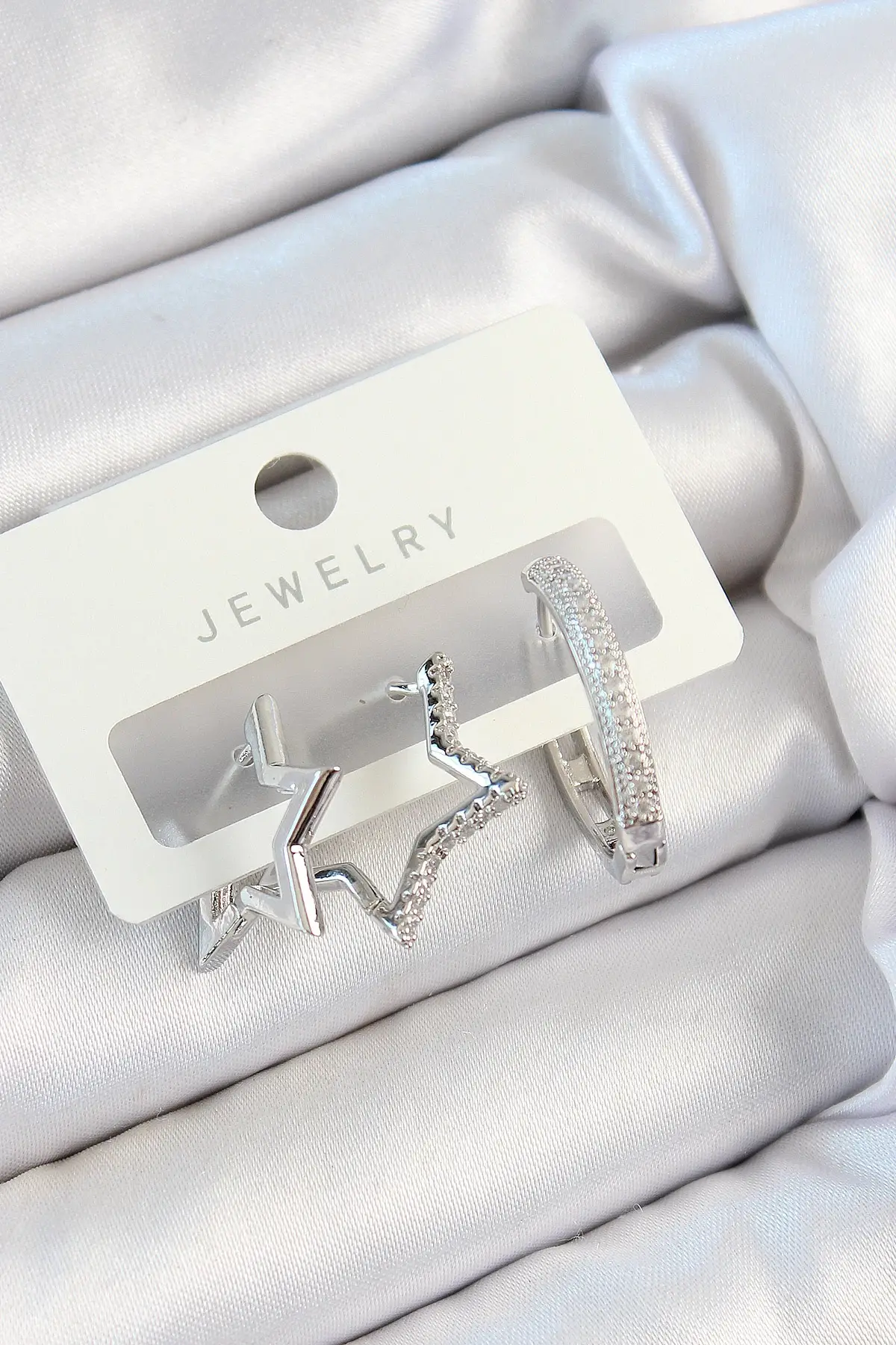 Pirinç Zirkon Taşlı Yıldız Ve Halka Model Gümüş Renk 3lü Çift Kadın Küpe Set