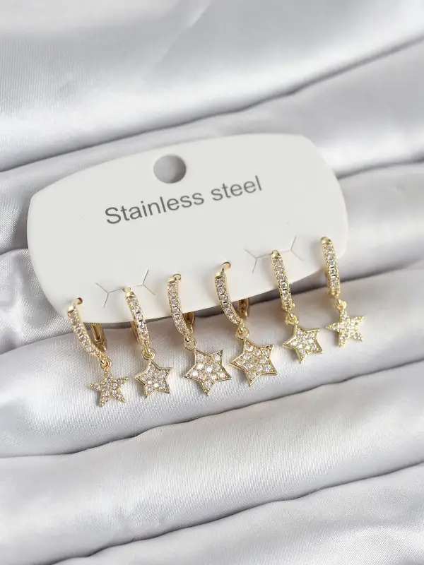 316L Çelik Gold Renk 6lı Set Yıldız Model Kadın Küpe