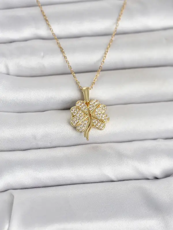 316L Çelik Gold Renk Açılabilir Yonca Model Zirkon Taşlı Kadın Kolye