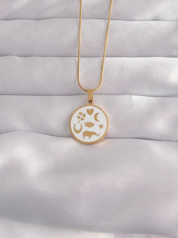 316L Çelik Gold Renk Beyaz Mineli Karışık Figürlü Tarot Kolye