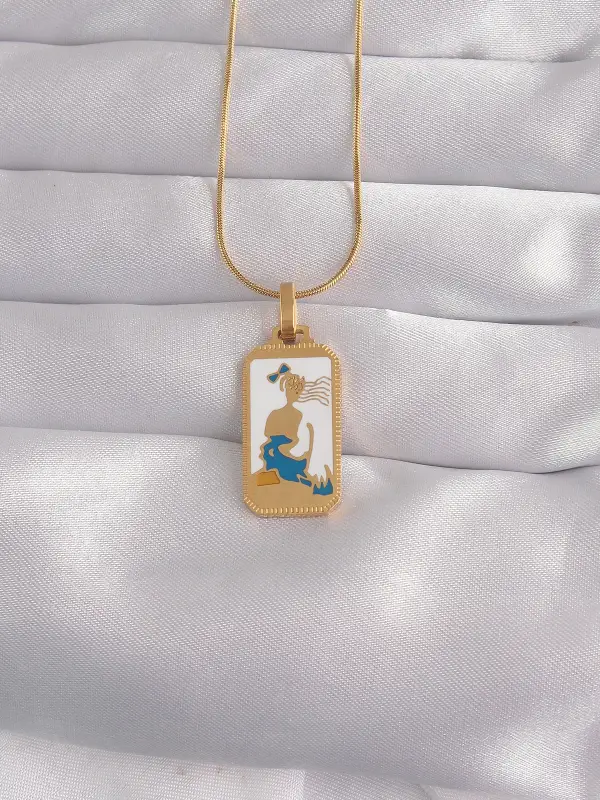 316L Çelik Gold Renk Beyaz Mineli Kız Figür Tarot Kolye