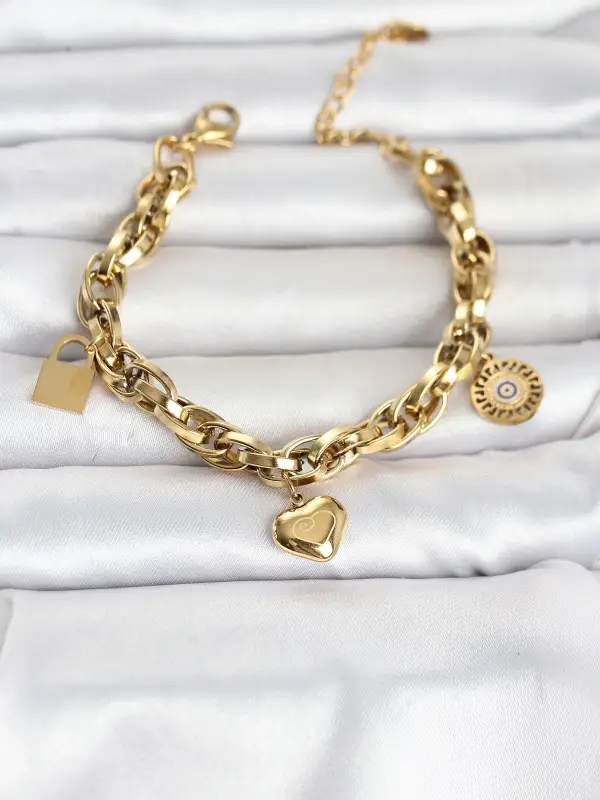316L Çelik Gold Renk Charmlı Kalın Burgu Model Kadın Bileklik