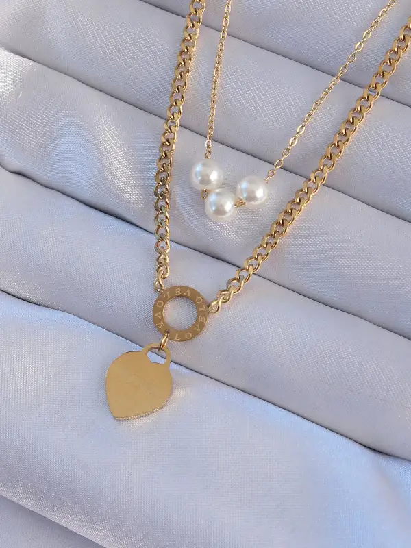 316L Çelik Gold Renk Çift Zincir İnci Detayı Love Kalp Kolye