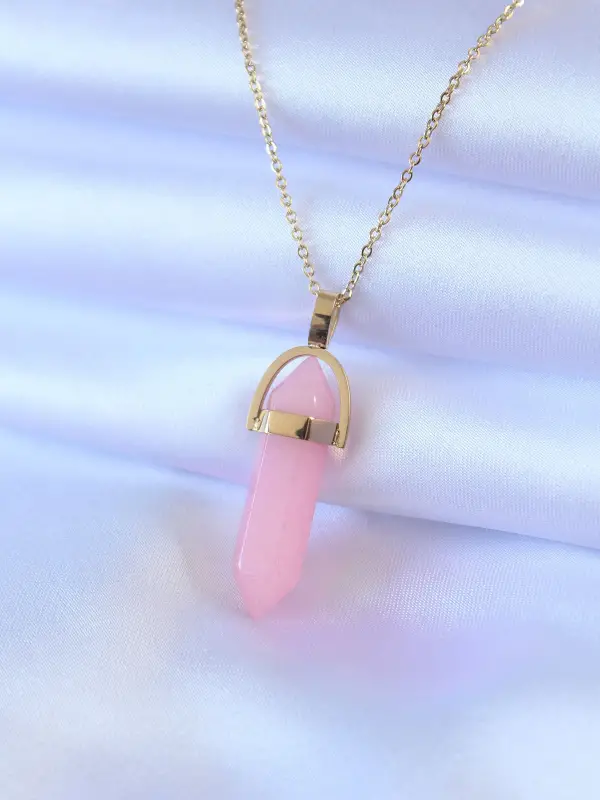 316L Çelik Gold Renk Kristal Pembe Taş Model Kadın kolye