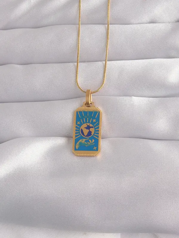 316L Çelik Gold Renk Mavi Mineli El Figür Tarot Kolye