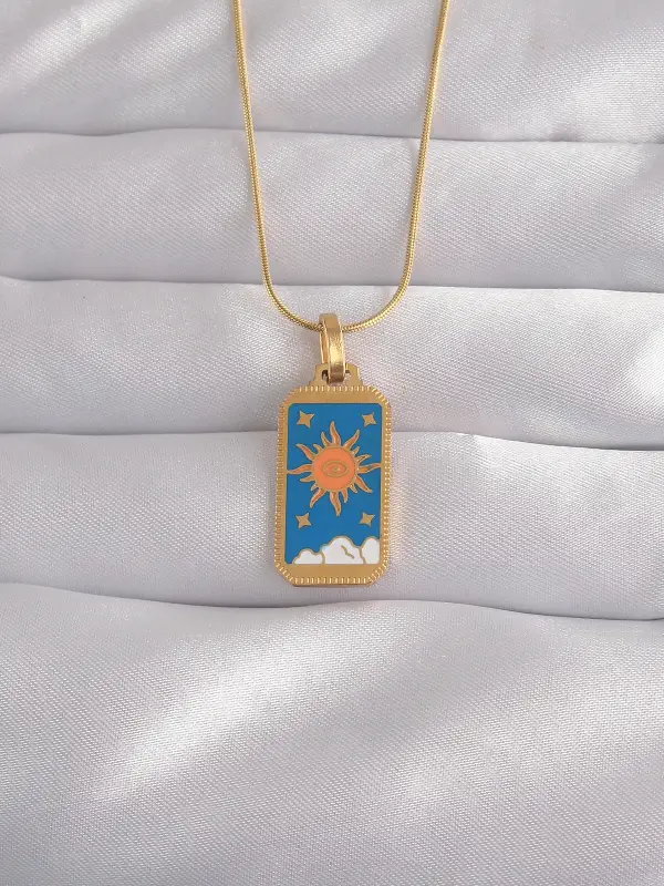 316L Çelik Gold Renk Mavi Mineli Güneş Model Tarot Kolye