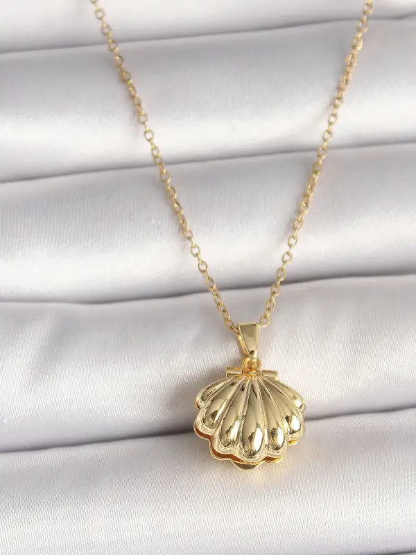 316L Çelik Gold Renk Zincir Açılır İncili Midye Model Kadın Kolye