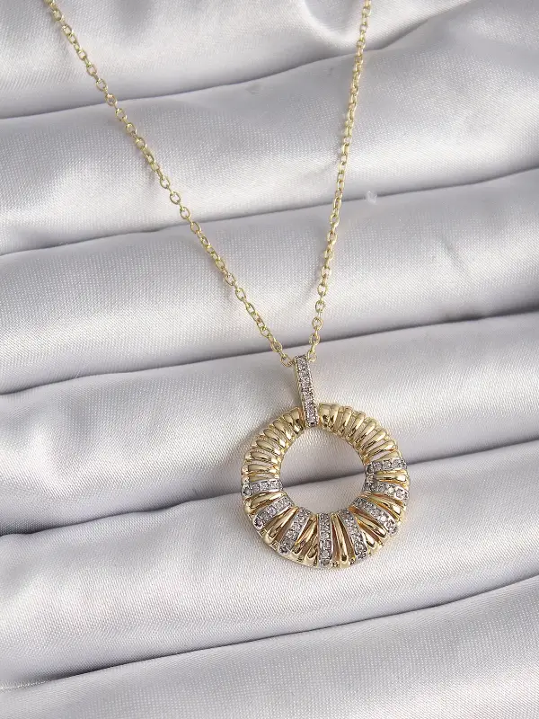 316L Çelik Gold Renk Zincir Gümüş Zirkon Taşlı Daire Model Kadın Kolye