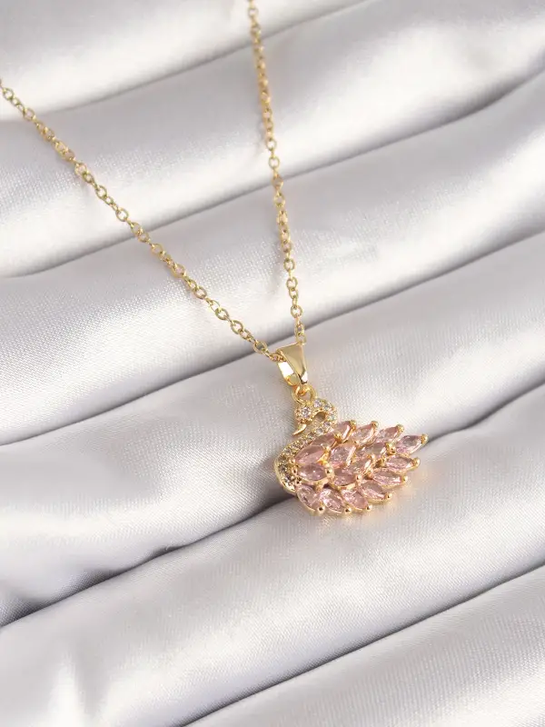 316L Çelik Gold Renk Zincir Pembe Zirkon Taşlı Kuğu Model Kadın Kolye