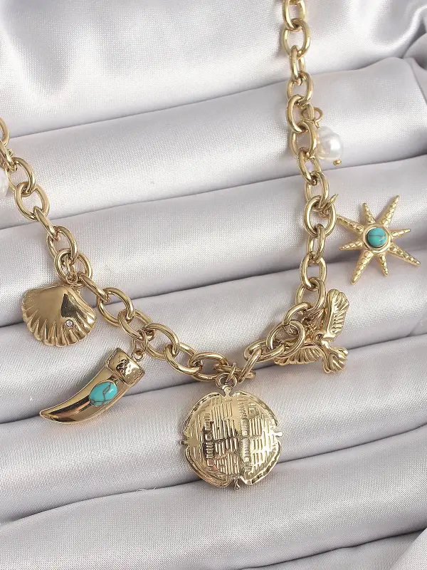 316L Çelik Gold Renk Zincir Sallantılı Çoklu Figür Model Kadın Kolye