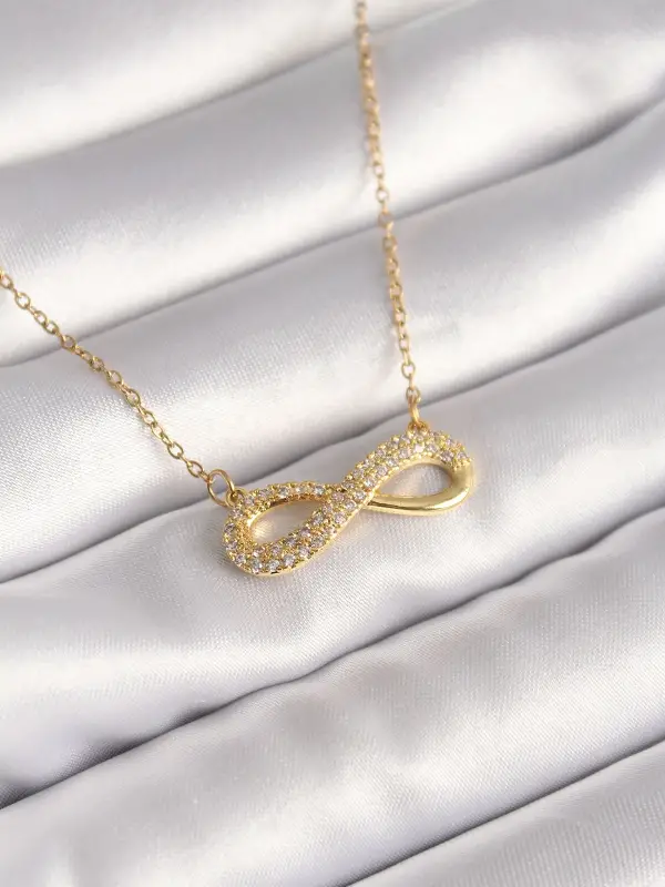 316L Çelik Gold Renk Zincir Zirkon Taşlı Sonsuzluk Model Kadın Kolye