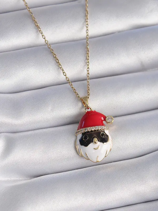 316L Çelik Gold Renk Zincir Zirkon Taşlı Yılbaşı Temalı Noel Baba Figür Kadın Kolye
