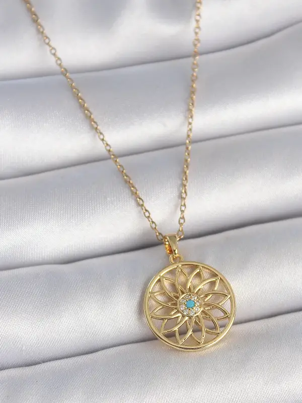 316L Çelik Gold Renk Zincr Mavi Taşlı Lotus Model Kadın Kolye