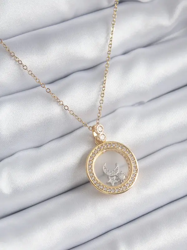 316L Çelik Gold Renk Zirkon Taş Detay Ay Yıldız Fanus Model Kadın Kolye