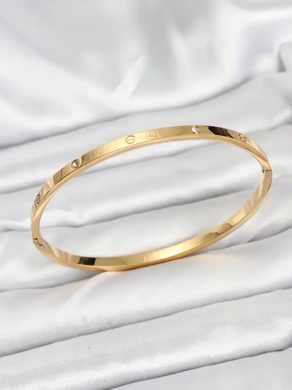 316L Çelik Gold Renk Zirkon Taşlı 65 mm İnce Kadın Kelepçe Bileklik