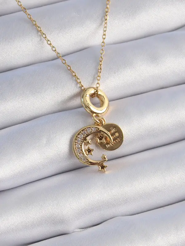 316L Çelik Gold Renk Zirkon Taşlı Ay Yıldız  Model Charm Model Kadın Kolye