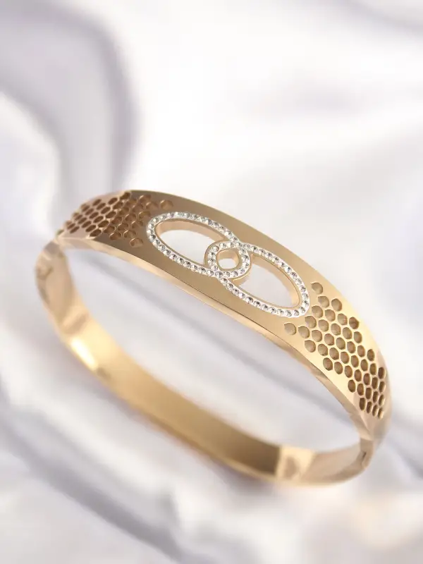 316L Çelik Gold Renk Zirkon Taşlı Kadın Kelepçe Bilezik
