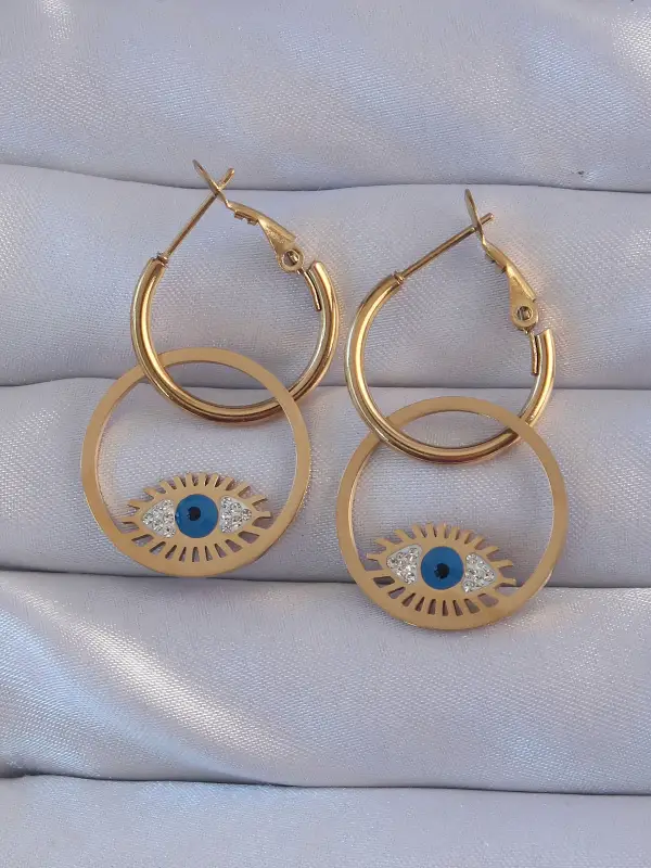 316L Çelik Gold Renk Zirkon Taşlı Mavi Göz Tasarımlı Halka Küpe