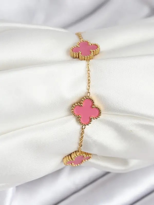 316L Çelik Gold Zincir Pembe Yonca Renk Bileklik
