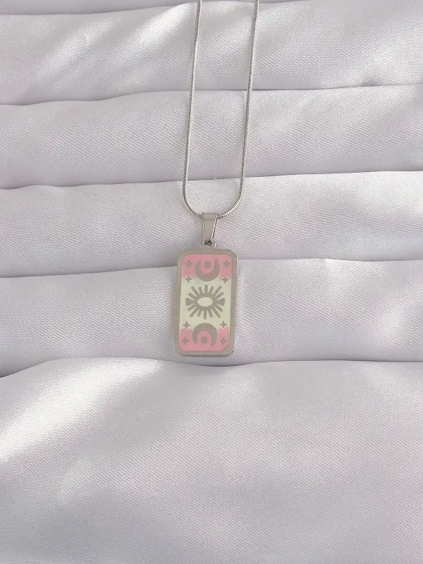 316L Çelik Gümüş Renk Pembe Mineli Ay Figür Tarot Kolye