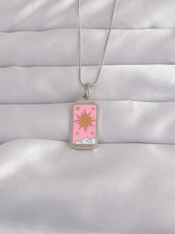 316L Çelik Gümüş Renk Pembe Mineli Güneş Model Tarot Kolye