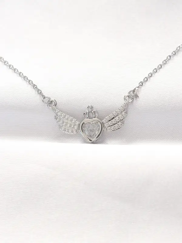 316L Çelik Silver Renk Zirkon Taşlı Kalpli Kanat Kolye
