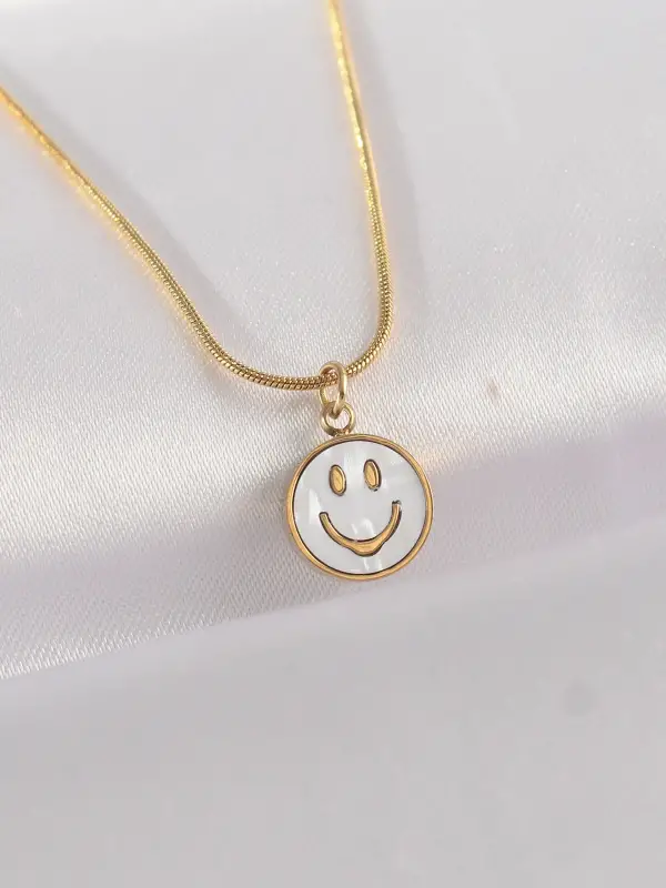 316L Çelik Zincir Altın Renk Mermer Desenli Minimal Smile Kolye