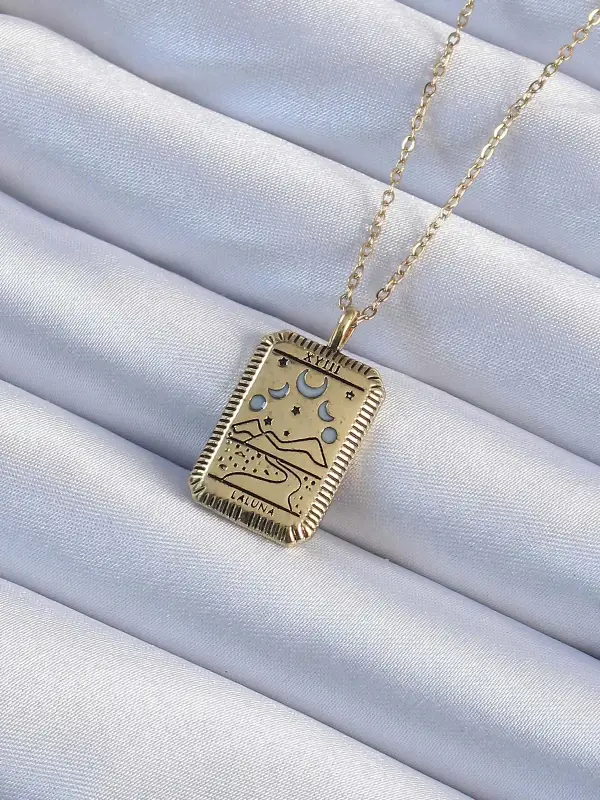 316L Çelik Zincir Eskitme Altın Renk Ay Figürlü Tarot Kolye
