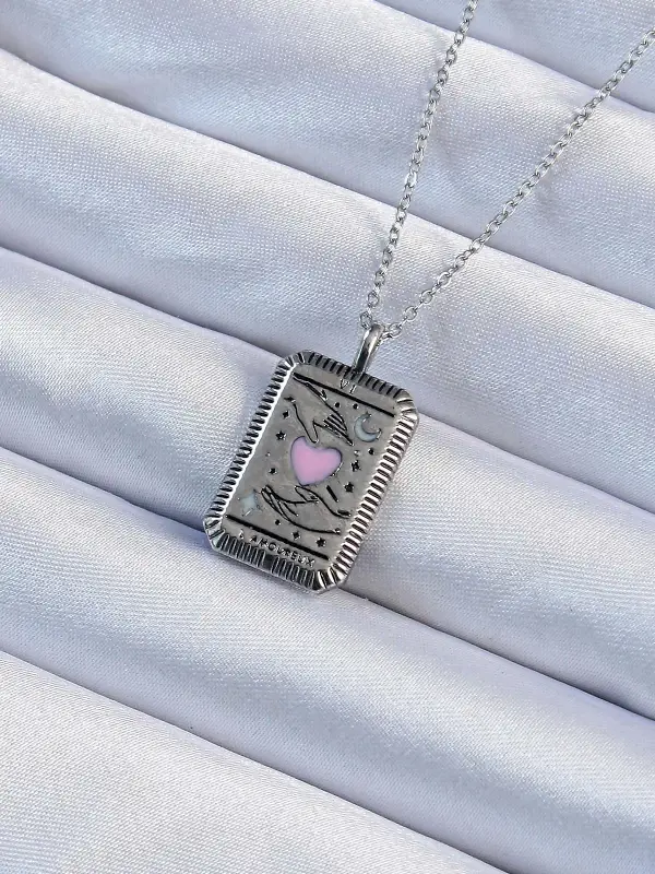 316L Çelik Zincir Eskitme Gümüş Renk Pembe Mineli Kalp Figürlü Tarot Kolye