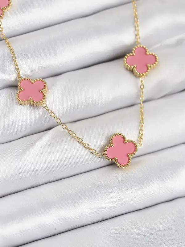 316L Çelik Zincir Gold Pembe Renk Yonca Kadın Kolye