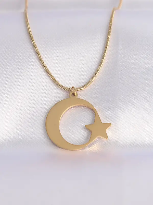 316L Çelik Zincir Gold Renk Ay Yıldız Unisex Kolye