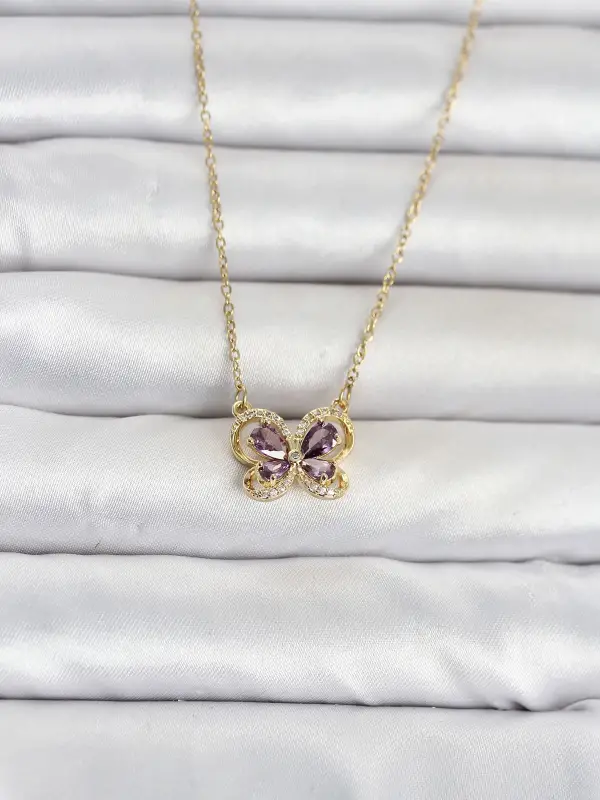 316L Çelik Zincir Gold Renk Mor Kelebek Model Kadın Kolye