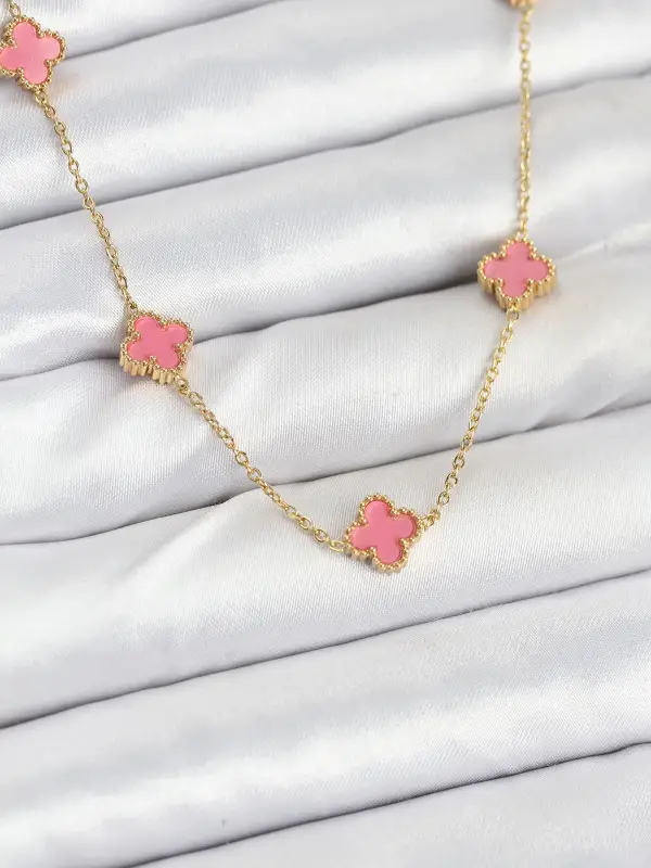 316L Çelik Zincir Gold Renk Pembe Baby Boy Yonca Kadın Kolye