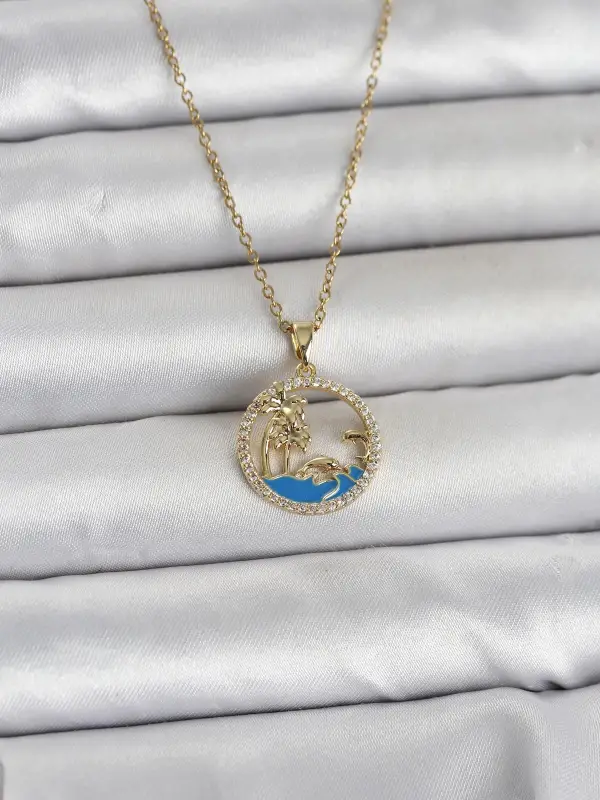 316L Çelik Zincir Gold Renk Zirkon Taşlı Deniz Temalı Kadın Kolye