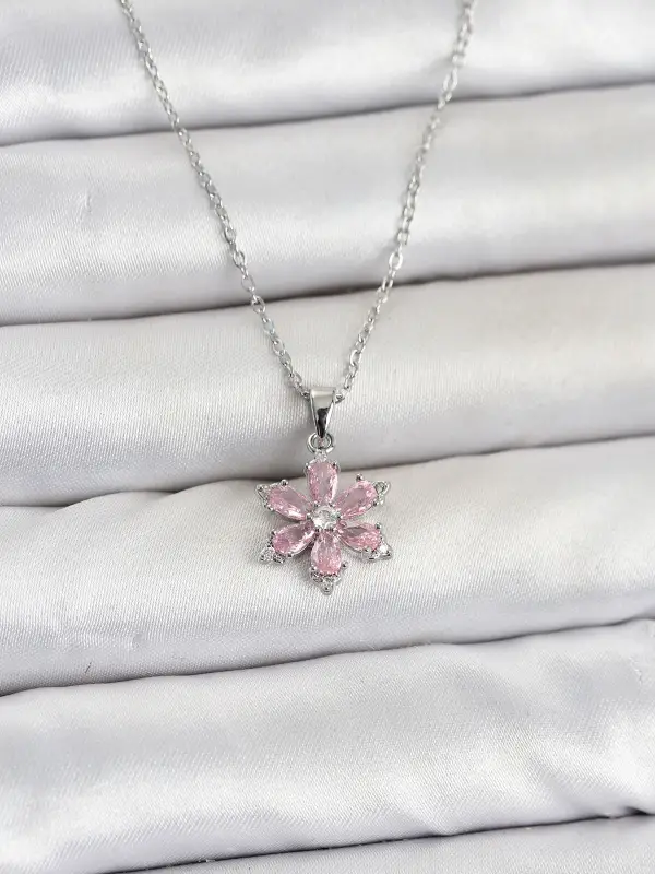 316L Çelik Zincir Gümüş Renk Pembe Zirkon Taşlı Lotus Model Kadın Kolye