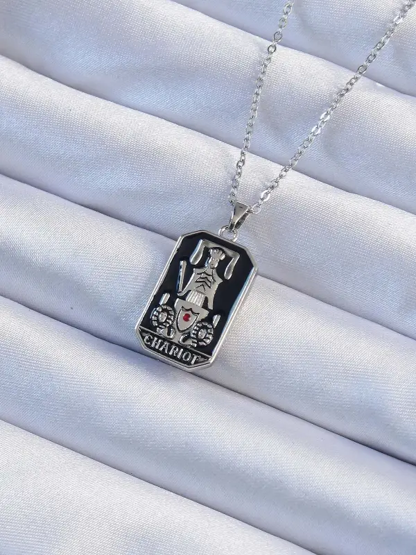 316L Çelik Zincir Gümüş Renk Siyah Mineli Tarot Kolye
