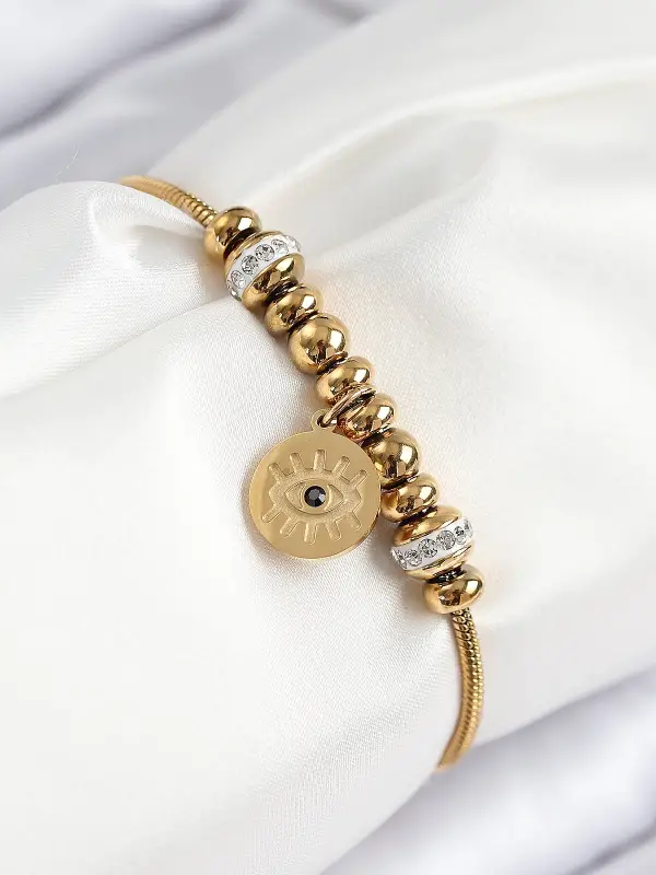 316L Çelik Zirkon Taşlı Göz Charm Model Gold Renk Kadın Bileklik