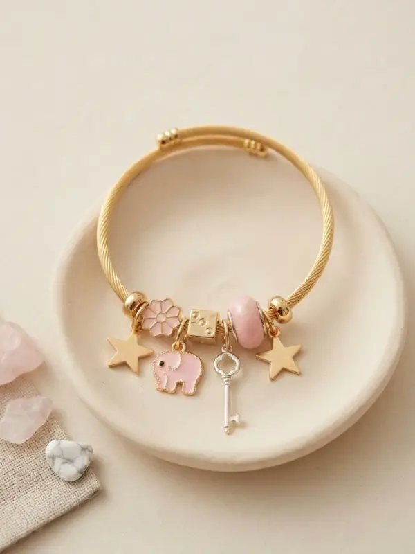 Anahtar ve Fil Model Pembe Charmlı Bileklik