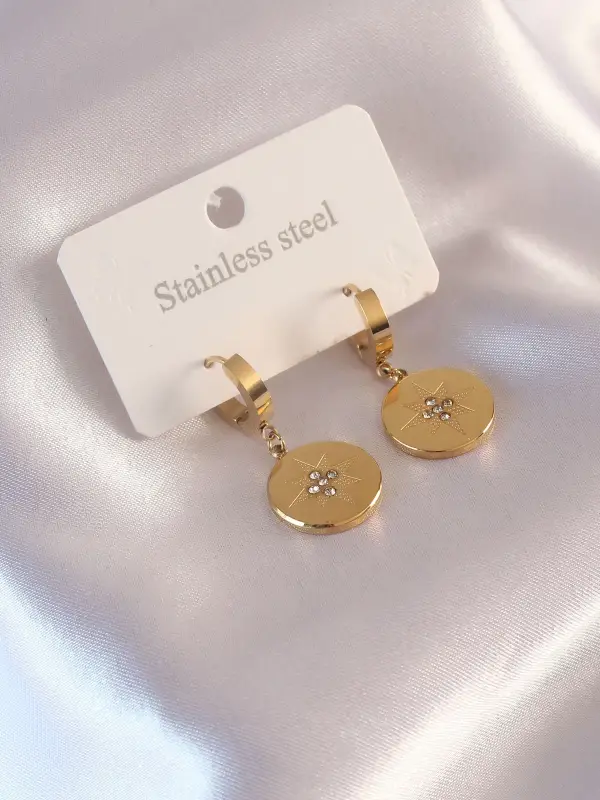 Çelik Gold Renk Kutup Yıldızı İşleme Zirkon Taşlı Kadın Küpe