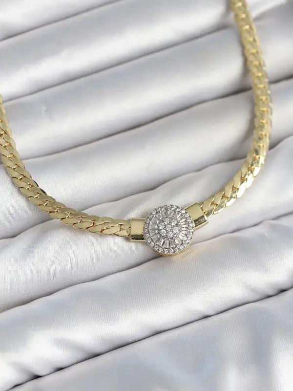 Ezme Zincir Model Zirkon Taşlı VIP Seri Gold Renk Kadın Kolye