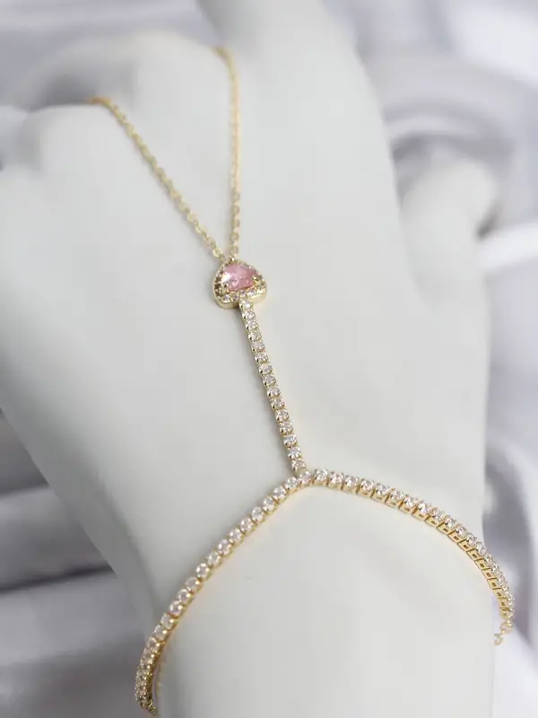 Gold Renk Pirinç Zirkon Taşlı Pembe Kalp Model Şahmeran