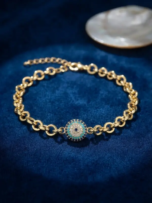 Gold Renk Zirkon Taşlı Nazar Model Pirinç Kadın Bileklik