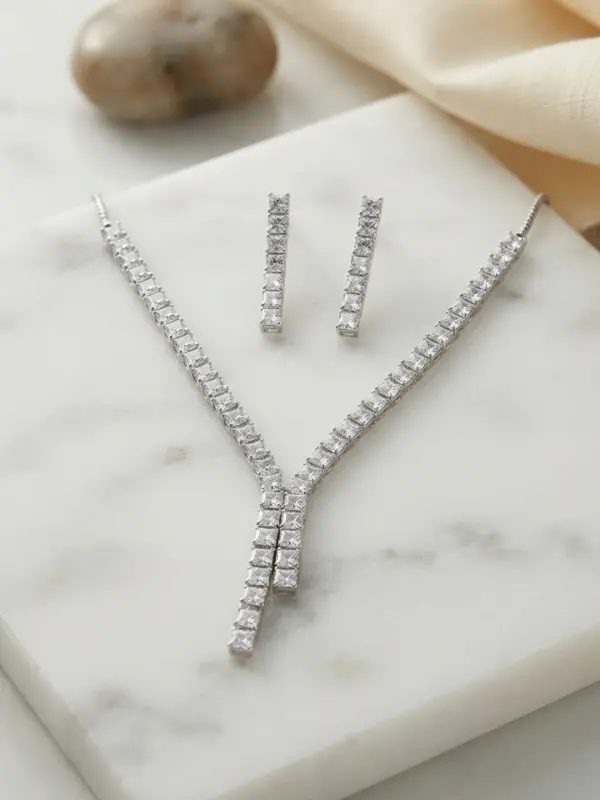 Kare Zirkon Taşlı Su Yolu Kolye ve Küpe Set