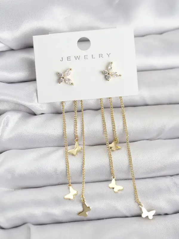 Kelebek Model Gold Renk Pirinç Sallantılı Kadın Küpe