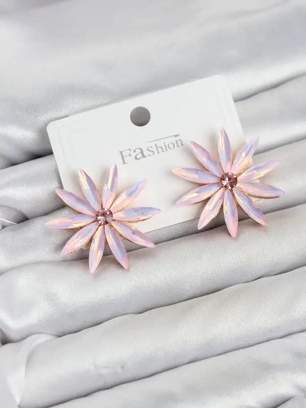 Pembe Kristal Taşlı Lotus Model Kadın Küpe
