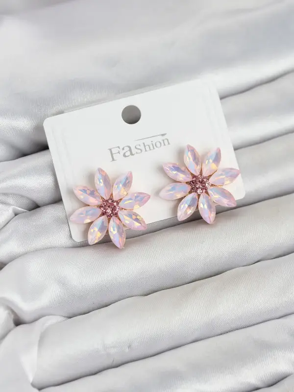 Pembe Renk Kristal Taşlı Lotus Çiçek Model Kadın Küpe