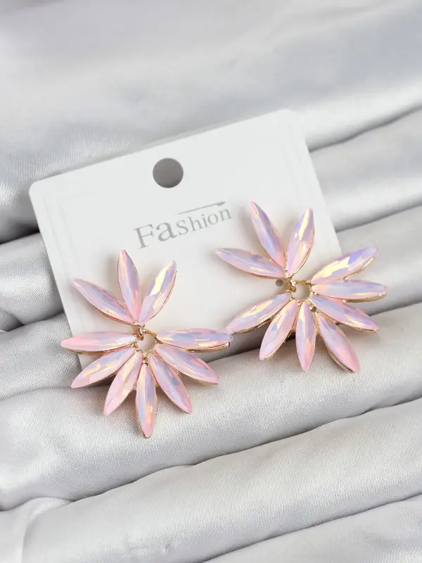 Pembe Renk Kristal Taşlı Lotus Model Kadın Küpe