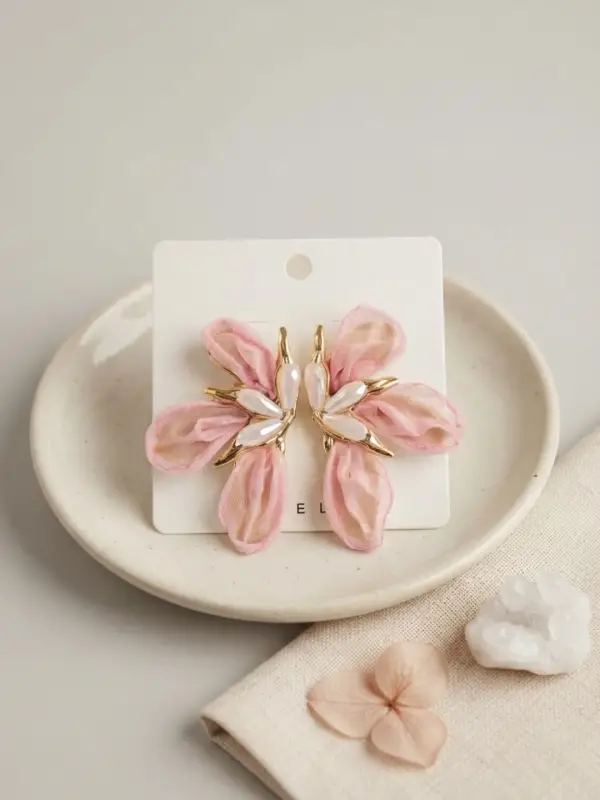 Pembe Renk Orkide Model Organze Küpe