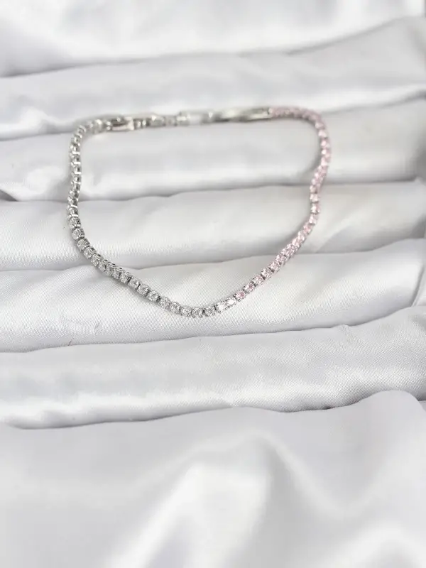 Pembe ve Beyaz Zirkon Taşlı Gümüş Renk Su Yolu Kadın Bileklik
